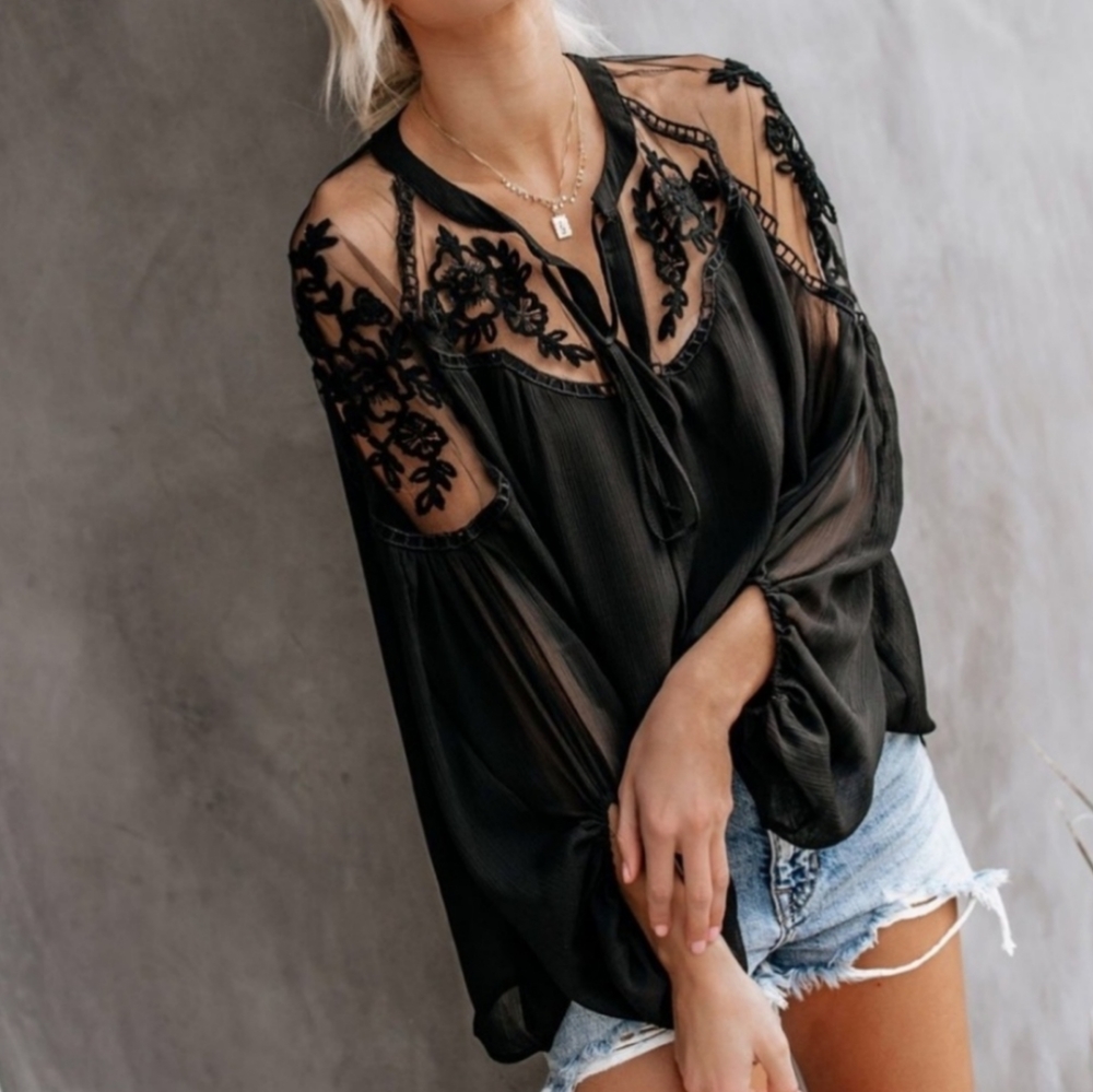 1 left! Semi Sheer Floral Lace Yoke Lantern Blouse - Picture 7 of 8